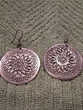 Silvertone Floral Medallion Drop Earrings Pierced